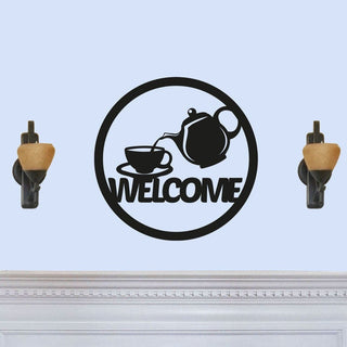 Round Welcome Sign With Coffee Tea Pot Laser Cut Solid Steel Decorative Home Accent Wall Sign Hanging Decorations