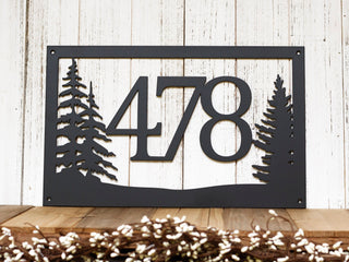 Rustic Metal House Number Sign With Pine Trees Address Plaque Cabin Signs Housewarming Gift Matte Black Shown Decorations