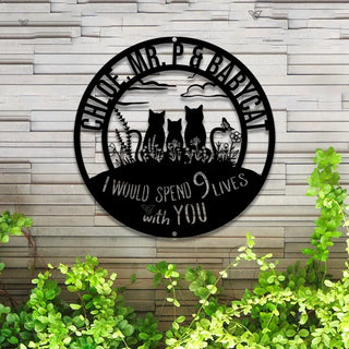 Custom Cats Monogram Metal Wall Art Led Lights, Personalized Couple Metal Name Sign, I Would Spend All 9 Lives With You Metal Wall Decor