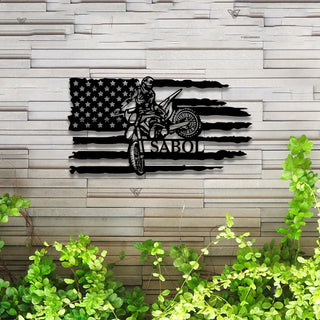 Custom Us Flag Dirt Bike Metal Sign Led Lights, Dirt Bike Metal Wall Art, Personalized Motorcycle Biker Name Sign, Motocross Sport Metal Wall Decor