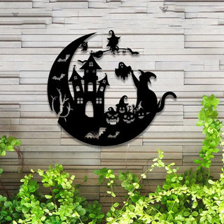 Cat On The Moon Metal Wall Art Led Lights, Witch Cat Halloween Metal Sign, Halloween Theme Sign, Cat Bat Sign, Cat On The Moon Metal Wall Decor