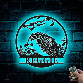 Custom Hedgehog Metal Wall Art With Led Lights, Personalized Aesthetic Hedgehog Metal Wall Sign, Hedgehog Lovers Metal Room Sign Decor