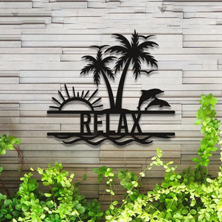 Custom Dolphin Palm Tree Metal Sign Led Lights, Personalized Beach House Metal Name Sign, Palm Tree Metal Wall Art, Backyard Patio Metal Sign