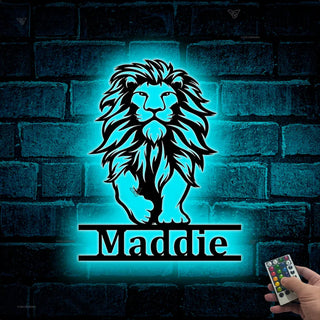 Personalized Walking Lion Metal Name Sign Led Lights, Custom Lion Metal Wall Art, Wild Animal Metal Wall Sign, Lion Metal Kid Room Wall Decor