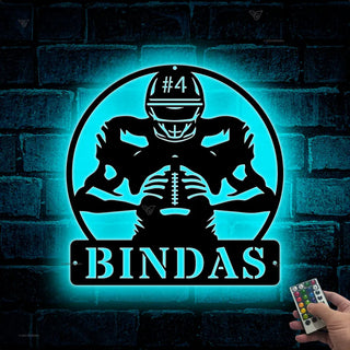 Personalized American Football Metal Name Sign Led Lights, Custom Us Football Player Metal Wall Art, American Football Sport Wall Led Decor