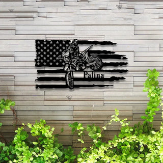 Custom Us Flag Dirt Bike Metal Sign Led Lights, Dirt Bike Metal Wall Art, Personalized Motorcycle Biker Name Sign, Motocross Sport Metal Wall Decor