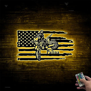 Custom Us Flag Dirt Bike Metal Sign Led Lights, Dirt Bike Metal Wall Art, Personalized Motorcycle Biker Name Sign, Motocross Sport Metal Wall Decor