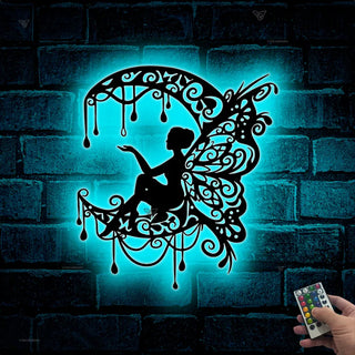 Custom Fairy On Moon Metal Wall Art Led Lights, Personalized Fairy Metal Name Sign, Fairy Garden Metal Wall Hanging Kids Room Sign