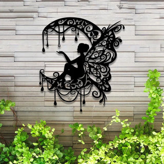 Custom Fairy On Moon Metal Wall Art Led Lights, Personalized Fairy Metal Name Sign, Fairy Garden Metal Wall Hanging Kids Room Sign