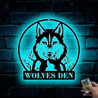 Custom Wolf Moon Metal Sign With Led Lights, Personalized Wolf Metal Name Sign Wall Hanging, Howling Wolf Monogram Metal Wall Led Decor