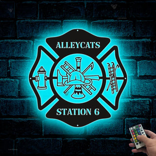 Personalized Firefighter Maltese Cross Metal Sign Led Lights, Fire Department Metal Wall Art Decor, Custom Firefighter Last Name Metal Sign