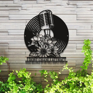 Custom Floral Micro Vinyl Records Metal Wall Art Led Lights, Personalized Audio Music Studio Metal Name Sign, Micro Turntable Record Metal Sign Art