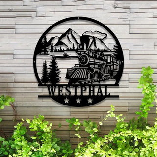 Personalized Forest Mountain Scene Train Metal Sign Led Lights, Custom Steam Train Locomotive Metal Wall Art, Metal Powder Coated Train Sign