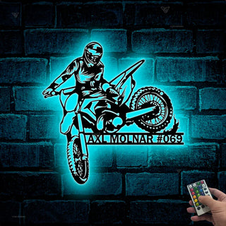 Custom Dirt Bike Metal Wall Art With Led Lights, Personalized Motocross Rider Metal Name Sign, Motorcycle Biker Metal Wall Led Decor