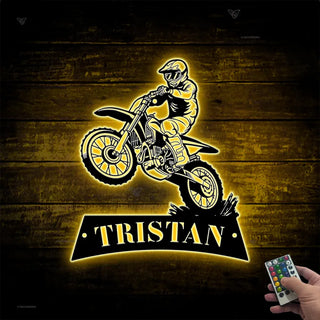 Custom Dirt Bike Metal Wall Art With Led Lights, Personalized Motocross Rider Metal Name Sign, Motorcycle Biker Metal Wall Led Decor