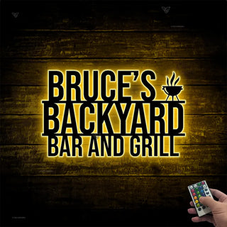 Personalized Bar & Grill Metal Wall Art With Led Lights, Custoom Metal Backyard Patio Name Sign, Backyard Bar And Grill Metal Sign