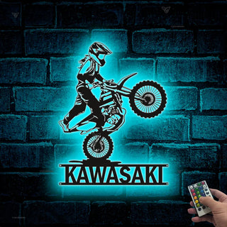 Custom Dirt Bike Metal Wall Art With Led Lights, Personalized Motocross Rider Metal Name Sign, Motorcycle Biker Metal Wall Led Decor