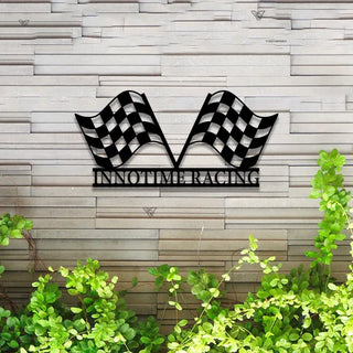 Personalized Racing Flag Metal Wall Art Led Lights, Checkered Racing Flag Metal Wall Hanging, Car Racing Man Cave Garage Metal Sign