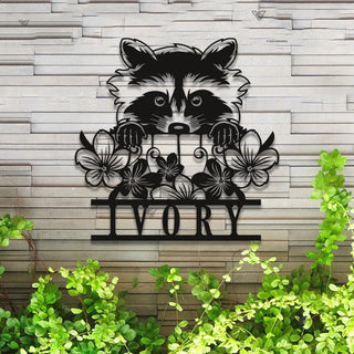 Custom Peeking Raccoon Metal Wall Art Led Lights, Personalized Floral Raccoon Metal Name Sign, Raccoon Wild Animal Metal Wall Led Sign