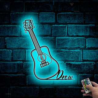 Custom Guitar Musical Instument Metal Wall Art Led Lights, Personalized Guitarist Name Metal Sign, Guitar Line Art Music Studio Metal Wall Hanging