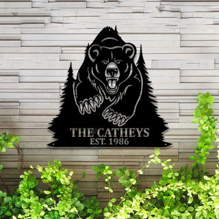 Custom Forest Bear Metal Wall Art Led Lights, Grizzly Bear Metal Sign With Family Name, Personalized Wildlife Canbin Metal Wall Decor