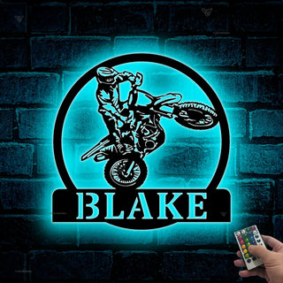 Custom Dirt Bike Metal Wall Art With Led Lights, Personalized Motocross Rider Metal Name Sign, Motorcycle Biker Metal Wall Led Decor