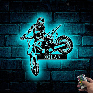 Custom Dirt Bike Metal Wall Art With Led Lights, Personalized Motocross Rider Metal Name Sign, Motorcycle Biker Metal Wall Led Decor