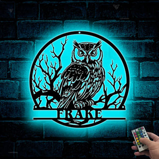 Custom Owl On The Branch Metal Wall Art Led Lights, Personalized Owl Metal Name Sign, Owl Monogram Metal Welcome Sign, Owl Farm Rach Gate Metal Art