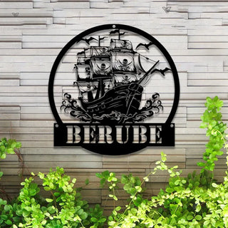 Custom Pirate Ship Metal Wall Art With Led Lights, Personalized Pirate Ship Metal Name Sign, Pirate Ship Kids Room Metal Wall Led Decor