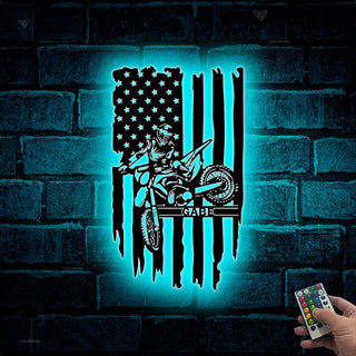 Custom Us Flag Dirt Bike Metal Sign Led Lights, Personalized Motorcycle Biker Name Sign, Dirt Bike Metal Wall Art, Motocross Sport Metal Decor