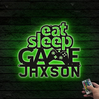 Eat Sleep Game Custom Name Metal Sign Led Lights, Video Game Controller Meatl Wall Art, Game Zone Kids Room Metal Wall Led Decor