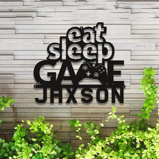 Eat Sleep Game Custom Name Metal Sign Led Lights, Video Game Controller Meatl Wall Art, Game Zone Kids Room Metal Wall Led Decor