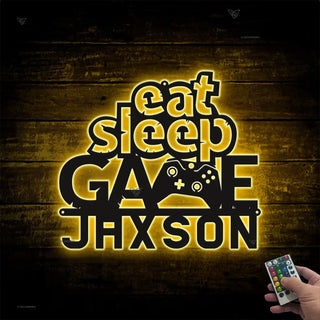 Eat Sleep Game Custom Name Metal Sign Led Lights, Video Game Controller Meatl Wall Art, Game Zone Kids Room Metal Wall Led Decor