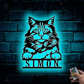 Custom Peeking Maine Coon Cat Metal Wall Art Led Lights, Personalized Funny Cat Lover Metal Name Sign, Maine Coon Cat Kid Room Metal Wall Led Sign