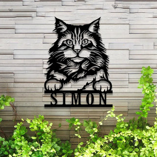 Custom Peeking Maine Coon Cat Metal Wall Art Led Lights, Personalized Funny Cat Lover Metal Name Sign, Maine Coon Cat Kid Room Metal Wall Led Sign