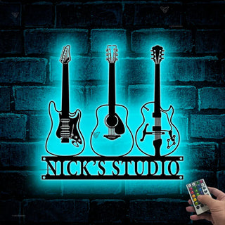 Custom Guitar Musical Instrument Metal Wall Art Led Lights, Personalized Guitar Shop Metal Name Sign, Guitar Music Studio Metal Wall Sign