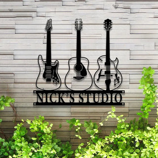 Custom Guitar Musical Instrument Metal Wall Art Led Lights, Personalized Guitar Shop Metal Name Sign, Guitar Music Studio Metal Wall Sign