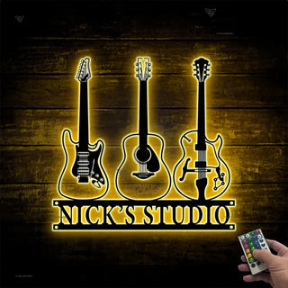 Custom Guitar Musical Instrument Metal Wall Art Led Lights, Personalized Guitar Shop Metal Name Sign, Guitar Music Studio Metal Wall Sign