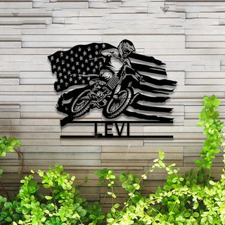 Custom Us Flag Motorcycle Metal Sign Led Lights, Dirt Bike Metal Wall Art, Personalized Motorcycle Biker Name Sign, Motocross Sport Metal Decor