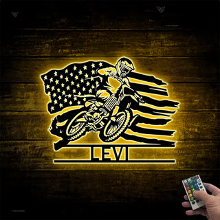 Custom Us Flag Motorcycle Metal Sign Led Lights, Dirt Bike Metal Wall Art, Personalized Motorcycle Biker Name Sign, Motocross Sport Metal Decor