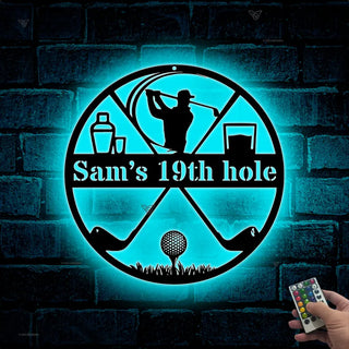 Custom Name Golfer Metal Sign With Led Lights, Personalized 19th Hole Golf Club Metal Decoration, Golf Ball And Golf Sticks Metal Wall Art Decor