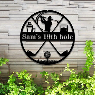 Custom Name Golfer Metal Sign With Led Lights, Personalized 19th Hole Golf Club Metal Decoration, Golf Ball And Golf Sticks Metal Wall Art Decor