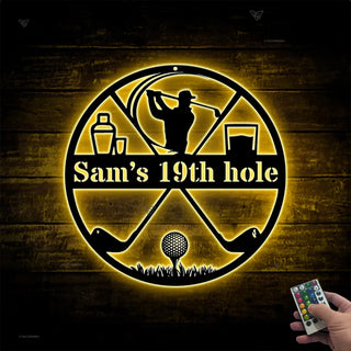 Custom Name Golfer Metal Sign With Led Lights, Personalized 19th Hole Golf Club Metal Decoration, Golf Ball And Golf Sticks Metal Wall Art Decor