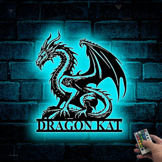 Custom Dragon Metal Sign With Led Lights, Dragon Name Metal Art, Monogram Dragon Wall Decor, Mythical Dragon Metal Wall Hanging