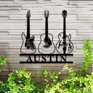 Custom Guitar Musical Instrument Metal Wall Art Led Lights, Personalized Guitar Shop Metal Name Sign, Guitar Music Studio Metal Wall Sign