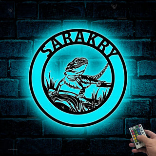 Custom Lizard Metal Wall Art Led Lights, Bearded Dragon Metal Name Sign, Lizard Golden Accessories, Personalized Lizard Lovers Metal Name Sign