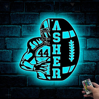 Custom American Football Metal Wall Art With Led Lights, Personalized Football Player Metal Name Sign, Football Sport Metal Wall Led Decor