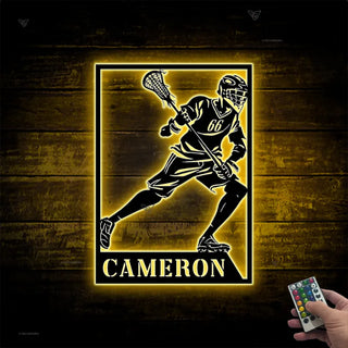 Custom Lacrosse Metal Wall Art Led Lights, Personalized Lacrosse Player Metal Number Name Sign, Lacrosse Sport Metal Wall Led Decor