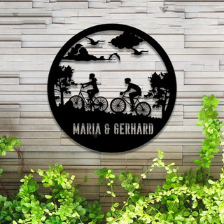 Custom Mountain Biking Metal Wall Art Led Lights, Personalized Couple Biker Name Metal Sign, Biker Metal Name Sign, Cycling Metal Wall Art