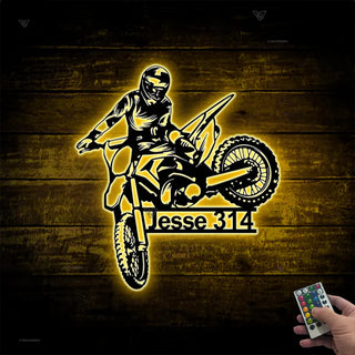 Custom Dirt Bike Metal Wall Art With Led Lights, Personalized Motocross Rider Metal Name Sign, Motorcycle Biker Metal Wall Led Decor